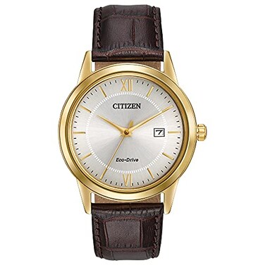 Citizen Mens EcoDrive Classic Watch in GoldTone Stainless Steel with Brown Leather Strap Champagne Dial Model AW123204A