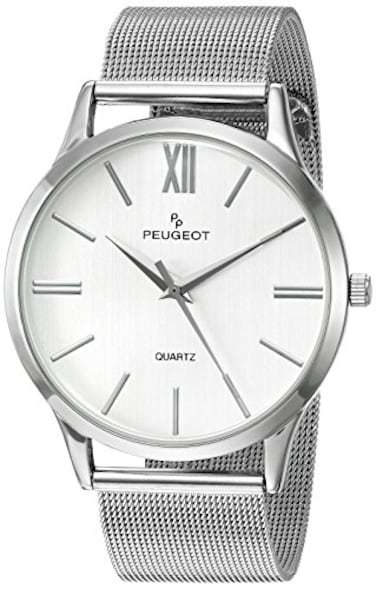 Peugeot Mens Slim Case Stainless Steel Mesh Dress Watch Silver