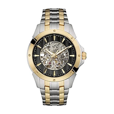 Bulova Mens Classic TwoTone Stainless Steel 3Hand Automatic Watch Skeleton Dial 43mm Style 98A146