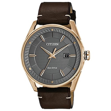 Citizen Mens EcoDrive Weekender Watch in GoldTone Stainless Steel with Brow Leather Strap Silver Dial Model BM698300H