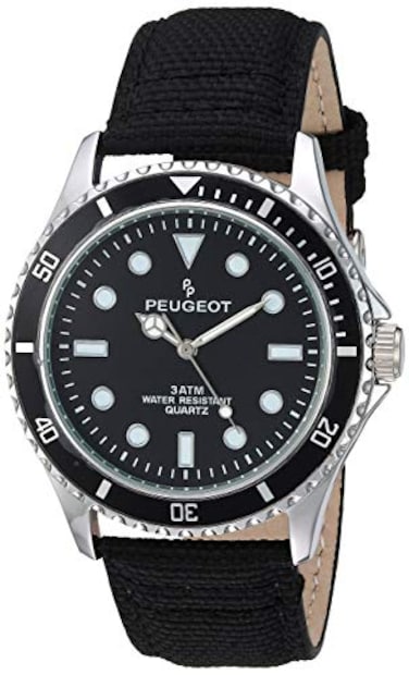 Peugeot Mens Sport Bezel Watch with Black Canvas Wrist Band