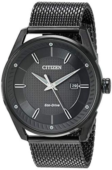 Citizen Mens EcoDrive Weekender Watch in Black IP Stainless Steel and Mesh Strap Black Dial Model BM698857E