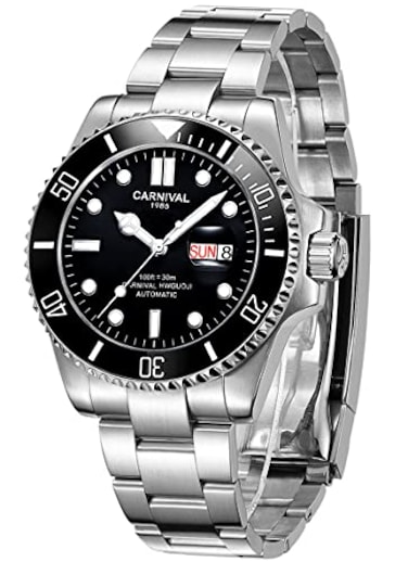 Carnival Mens Rotating Bezel Automatic Machine Stainless Steel Sapphire Glass Waterproof Black Watch Black dial