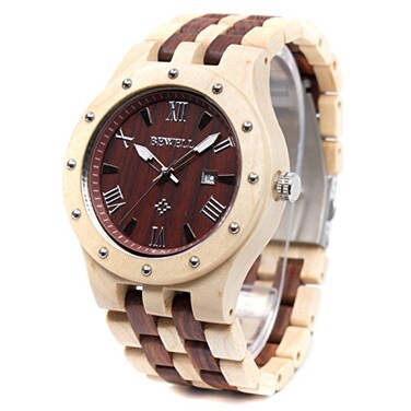 BEWELL W109A Natural Wood Watches for Men Quartz Date Lumious Pointers Maple and Red Sandalwood