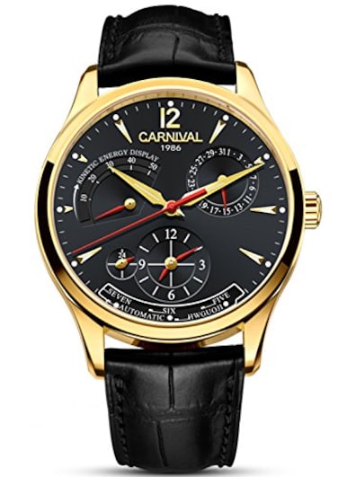 Carnival Mens Kinetic Display Automatic Machine Stainless Steel Sapphire Waterproof Leather Black Watch GoldBlack Dial