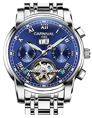 Carnival Luxury Mens tourbillon Automatic Watch Silver Stainless Steel Date Blue Dial Watches