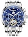 Carnival Luxury Mens tourbillon Automatic Watch Silver Stainless Steel Date Blue Dial Watches