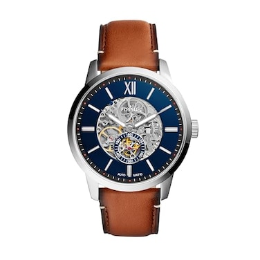 Fossil Mens Watch Townsman Automatic Stainless Steel and Leather ThreeHand Skeleton Watch Color Silver Luggage