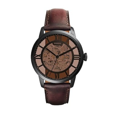 Fossil Mens Watch Townsman Automatic Stainless Steel and Leather ThreeHand Skeleton Watch for Men Color Black Dark Brown