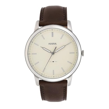 Fossil Mens Minimalist Quartz Stainless Steel and Brown Leather ThreeHand Watch for Men Color Silver Brown
