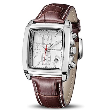 MEGIR Mens Business Analog Chronograph Luminous Rectangle Quartz Watch with Stylish Leather Strap for Sport Work 2028 White