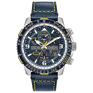 Citizen Mens EcoDrive Promaster Air Skyhawk Atomic Time Keeping Pilot Watch in Stainless Steel with Blue Leather Strap Blue Dial Model JY807801L