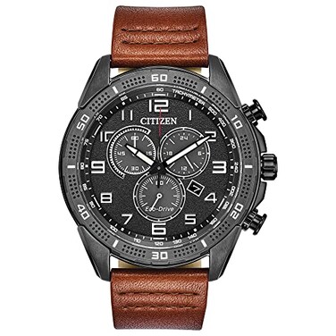 Citizen Mens EcoDrive Weekender Chronograph Watch in Black IP Stainless Steel with Brown Leather Strap Black Dial Model AT244701E