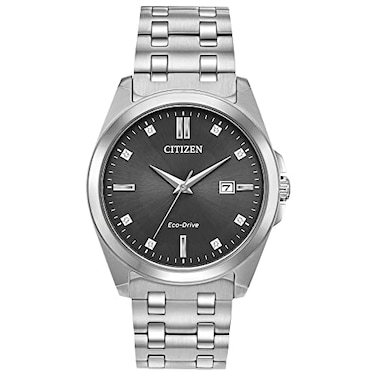 Citizen Mens Classic Peyton 3Hand EcoDrive Watch Date Sapphire Crystal Diamond Markers StainlessGray Dial