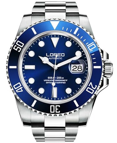 LOREO Mens Silver Stainless Steel Sapphire Glass Black Rotating Bezel Mens Automatic Watch Blue dial with Silver Stainless Steel Band