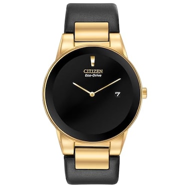 Citizen Mens EcoDrive Modern Eco Axiom Watch Black Leather Strap Black Dial 2 Hand Date Model AU106205E
