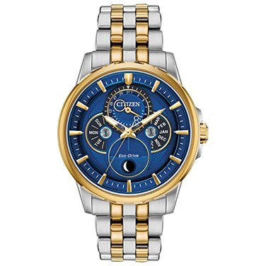 Citizen Mens Classic Calendrier EcoDrive Watch Moonphase Indicator Month Day and Date Two ToneBlue Dial
