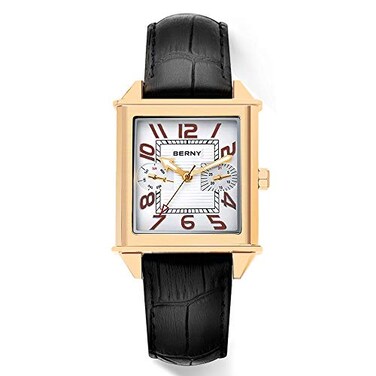 BERNY Square Watches for Men Swiss Movement Quartz Watch Rectangular Calendar Leather Strap Watch Gold