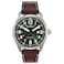 Citizen Mens EcoDrive Weekender Garrison Field Watch in Stainless Steel with Brown Leather Strap Green Dial Model BM683809X