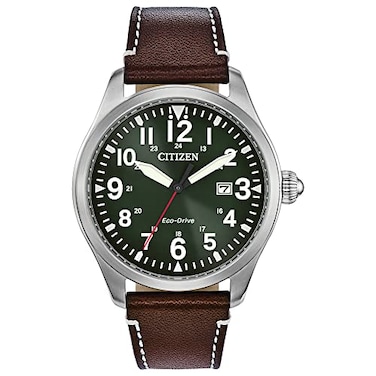 Citizen Mens EcoDrive Weekender Garrison Field Watch in Stainless Steel with Brown Leather Strap Green Dial Model BM683809X