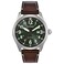Citizen Mens EcoDrive Weekender Garrison Field Watch in Stainless Steel with Brown Leather Strap Green Dial Model BM683809X