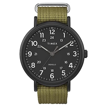Timex Mens Weekender XL 43mm Watch Black Case Black Dial with Olive Fabric SlipThru Strap