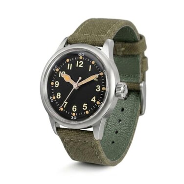 PRAESIDUS A11 Military Watch Automatic WW2 Field Watch for Men 42mm Stainless Steel Case with Black Dial Green Canvas Strap and 100M Water Resistance Assembled in USA
