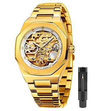 Tiong Steampunk Tourbillon Design Watch Golden Stainless Steel Waterproof Men Automatic Mechanical Wristwatch