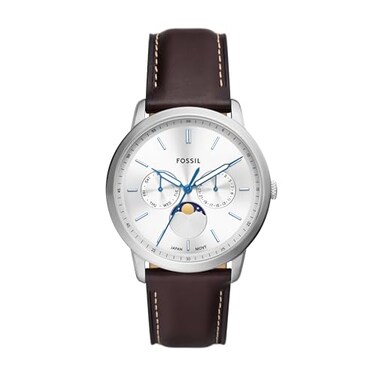 Fossil Mens Neutra Quartz Stainless Steel and Leather Moonphase Watch Color Silver Brown Moonphase Model FS5905