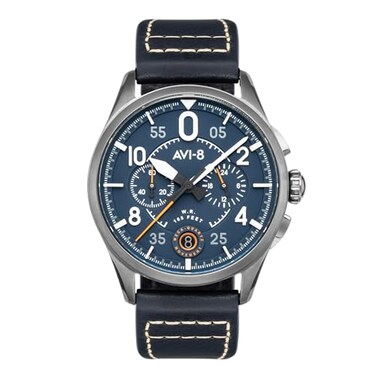 AVI-8 AVI8 Mens 42mm Spitfire Lock Chronograph Channel Blue Japanese Quartz Pilot Watch with Leather Strap AV408904