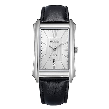 BERNY Mens Business Casual Quartz Watches Stainless Steel Case with Leather Strap Rectangular Watches for Men White