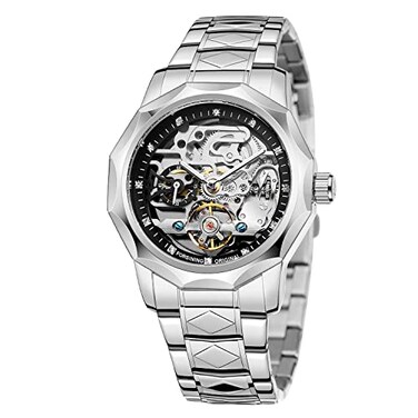 FORSINING Mens Automatic Movement Dodecagon Stainless Steel Skeleton Dial Self Winding Tourbillon Wrist Watch
