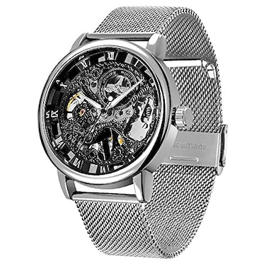 Whodoit Mens Watch HandWind Mechanical Mesh Luminous Silver Black Waterproof WatchSkeleton Mechanical Roman Numeral Mesh Strap Watch for Men