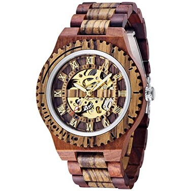 Dentily Creative Mens Wooden Watch Skeleton Automatic Movement Watch SelfWinding Watches for Men