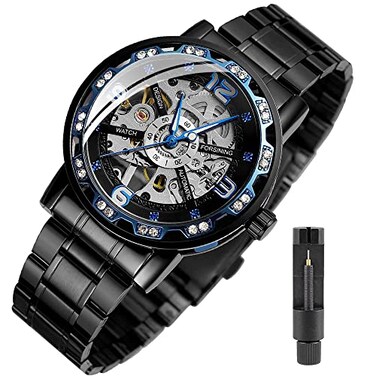 Tiong Stainless Steel Mens Watch Mechanical Automatic Winding Skeleton Waterproof Arabic NumeralsDiamond Dial Mens Watch Dial Automatic Watch