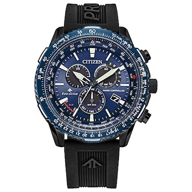 Citizen EcoDrive Pilot Chronograph Watch with Atomic Timekeeping 1224HR Power Reserve Luminous HandsMarkers Sapphire Crystal BlackBlue