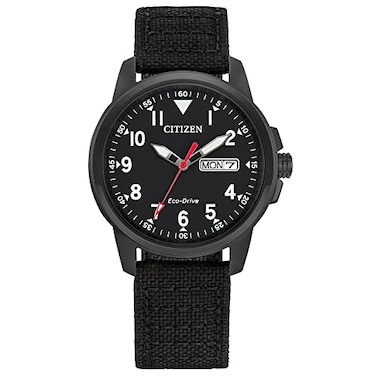 Citizen Mens EcoDrive Weekender Garrison Field Watch in Black IP Stainless Steel with Black Nylon Strap Model BM818615E