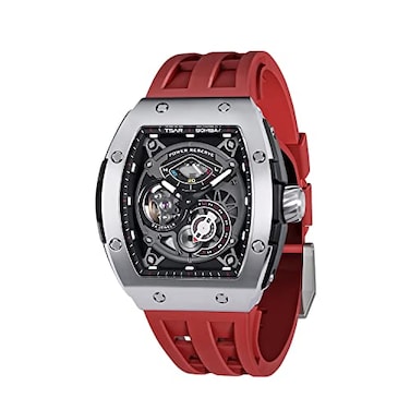 Tsar Bomba New Automatic Tonneau Mens Watch Skeleton Japanese Movement Luminous Mechanical Stainless Steel Case 51M Waterproof Fluorine Rubber Strap SilverRed Free Size TB8210ASilver Red