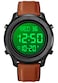 PASOY Mens Big Dial Digital Leather Brown Watch Simple Large Display Countdown Alarm Stopwatch LED Backlight Business Multifunction Watches