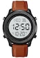 PASOY Mens Big Dial Digital Leather Brown Watch Simple Large Display Countdown Alarm Stopwatch LED Backlight Business Multifunction Watches