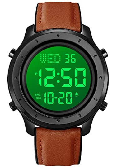 PASOY Mens Big Dial Digital Leather Brown Watch Simple Large Display Countdown Alarm Stopwatch LED Backlight Business Multifunction Watches