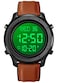 PASOY Mens Big Dial Digital Leather Brown Watch Simple Large Display Countdown Alarm Stopwatch LED Backlight Business Multifunction Watches