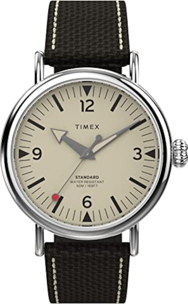 Timex Mens Standard 40mm Watch SilverTone Case Cream Dial with Brown Leather Fabric Strap