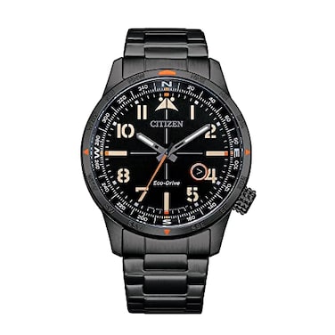 Citizen Mens EcoDrive Weekender Avion Field Watch in Black IP Stainless Steel Black Dial Model BM755559E