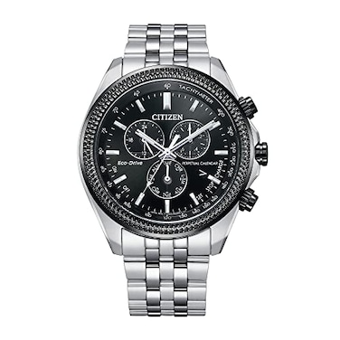 Citizen Mens EcoDrive Classic Chronograph Watch in Stainless Steel with Perpetual Calendar Tachymeter Black Dial