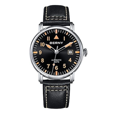 BERNY Mechanical Automatic Watch for Men Self Winding Leather Strap Classic EasytoRead Wristwatches 10ATM Waterproof Sapphire Glass Scratch Resistant Super Luminous