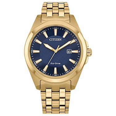 Citizen Mens EcoDrive Classic Peyton Watch 3Hand Date Sapphire Crystal Luminous Markers Gold Tone Blue Dial