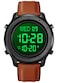 PASOY Mens Big Dial Digital Leather Watch Simple Large Display Countdown Alarm Stopwatch LED Backlight Black Dial Business Multifunction Watches