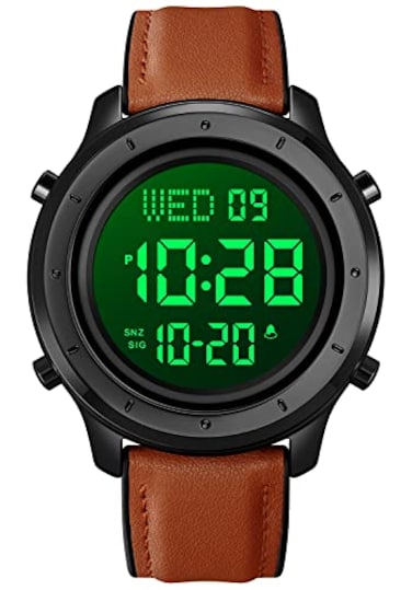 PASOY Mens Big Dial Digital Leather Watch Simple Large Display Countdown Alarm Stopwatch LED Backlight Black Dial Business Multifunction Watches