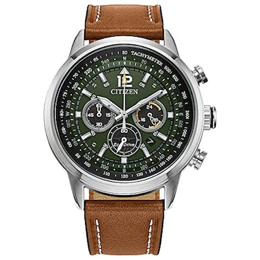 Citizen Mens EcoDrive Weekender Sport Chronograph Watch in Brown Leather Strap Green Dial 44mm Model CA447708X